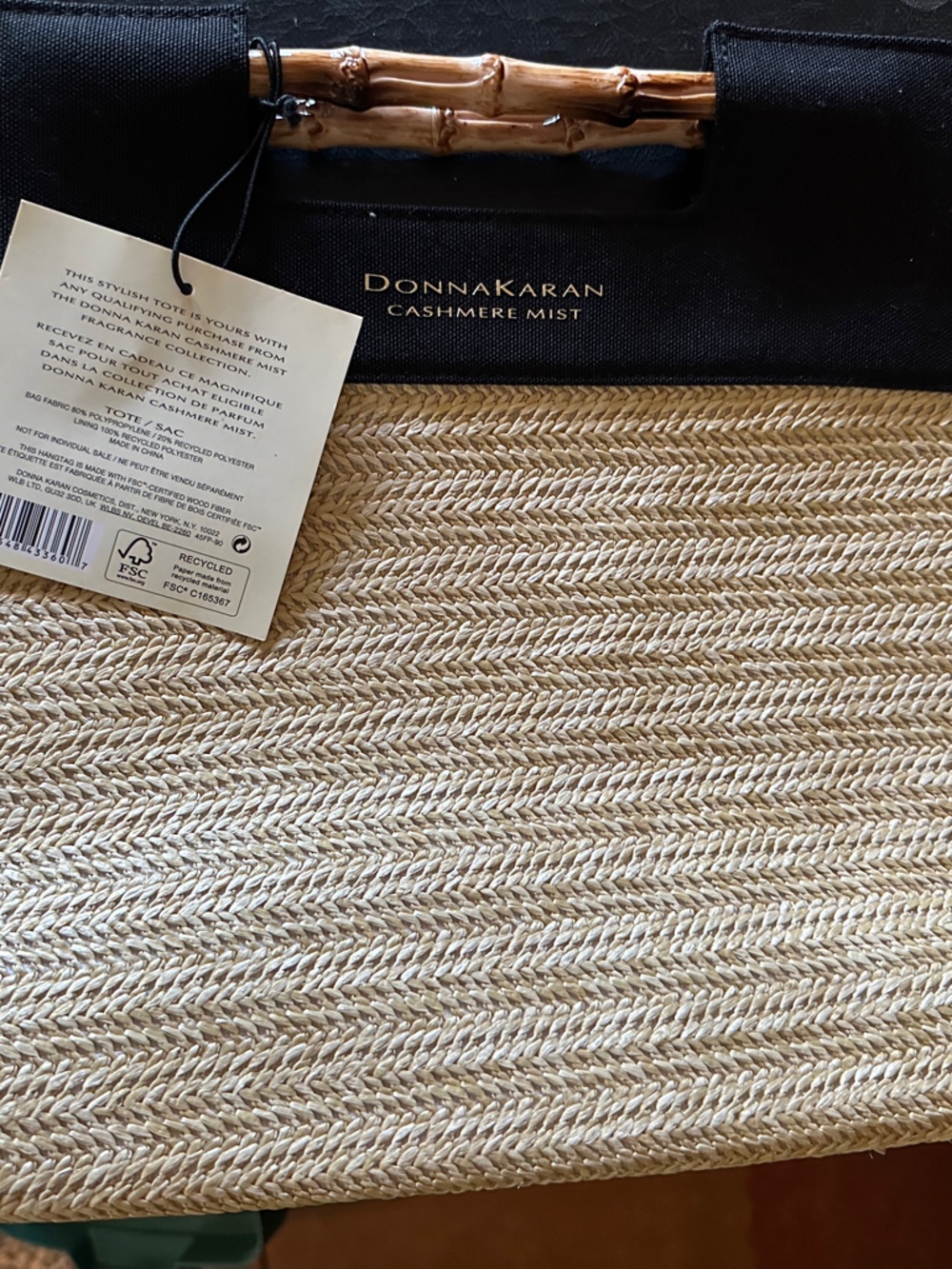 Donna Karan Black and Natural Straw Tote with Bamboo Handles